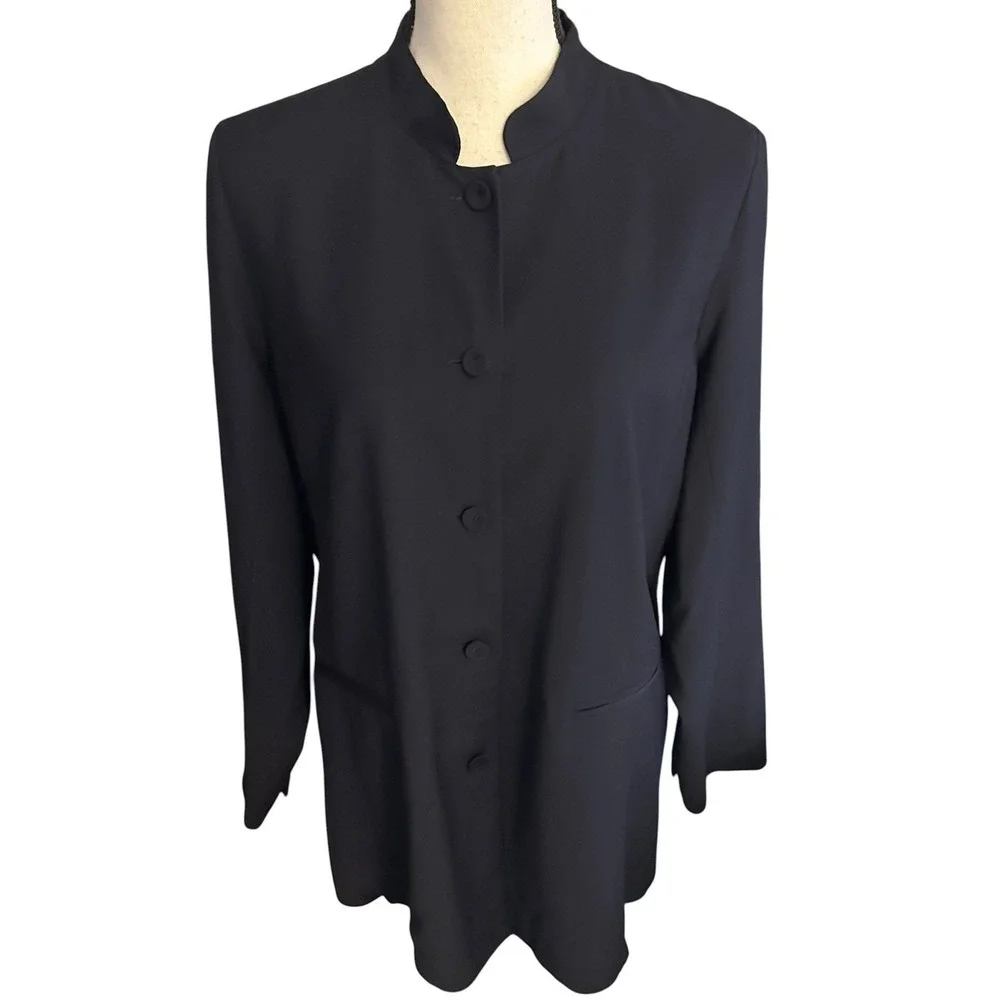 Eileen Fisher Mandarin  Collar Button Front Black Blazer Womens‎ Size PL